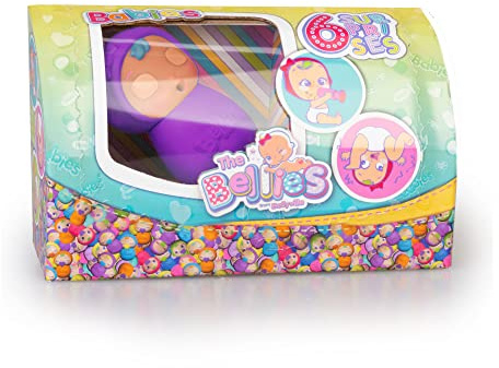 Die Bellies von Bellyville - Die Baby Bellies Bobby Boo, lila, Babypuppen zum Pflegen, weich und matschig mit 6 verschiedenen Überraschungen, Spaß, Schaukeln, +3 Jahre, Famosa (BEE08400)