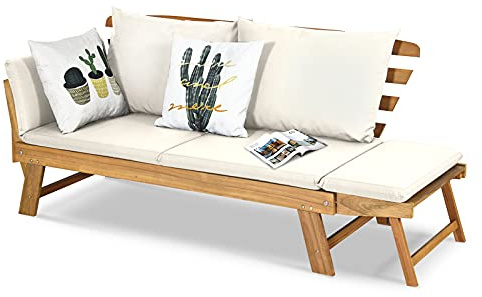 GOPLUS Träbänk med liggfunktion, 2-3-sitsig, träbänk med hopfällbara sidoräcken, inklusive sittbänk, utomhus, för trädgård, terrass, balkong 157 x 75 x 75 cm (vit)