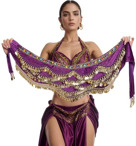 Belly Dance Hip Scarves for Women Dancing 328 Coin Belts (Purple)
