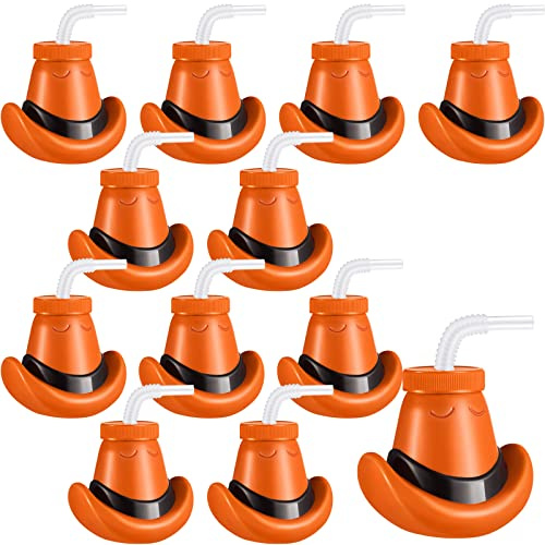 Amyhill Cowboy Hat Cups with Lids and Straws 12 oz Plastic Cowboy Hat Cups for Western Party Supplies Cowboy Birthday Party Decorations (Brown,24 Pcs)