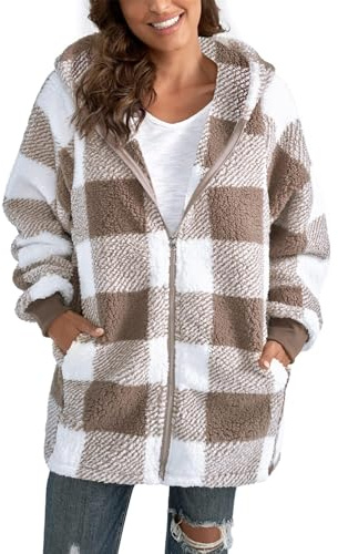 ABINGOO Damen Teddy Fleece Mantel Kariert Warm Winterjacke Kapuzenjacke Flauschig Plüschjacke Reißverschluss Sweatshirt mit Kapuze und Taschen(Beige,XL)