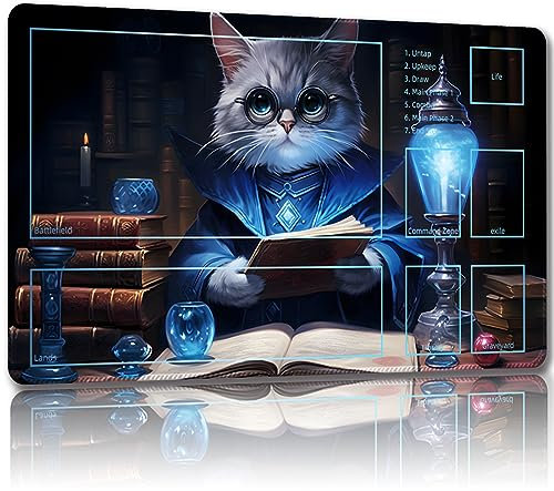 Malqiqi MTG Gaming Mat with Free Storage Bags 24 x 14 for Cards and Board Games - Mouse Pad (Cat 6-Combat Auxiliary)