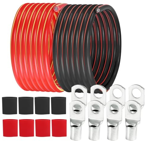 SUNNAREPOON 2 Gauge Battery Cable (12 Feet Black, 12 Feet Red) - 2 AWG Copper Clad Power Welding Wire with M8 & M10 SC Connector Lugs for Car, Camper, RV, Solar Low Voltage Inverter Wiring