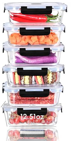 IUGHN Glass Food Containers with Lids Set of 6, Small Meal Prep Containers Glass, Leak-proof Glass Containers with Lids, 370ml Airtight Storage Container, BPA Free & Leak Proof