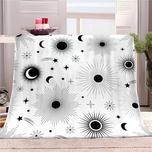 Flanelldecke Sonne-Mond-Sterne-Druck Kuscheldecke 150x200cm, Fällt Nicht ab Fleecedecke, Soft Weiche Wohndecke Warm Weiß Flauschige Decke TV-Decke Sofadecke oder Bettüberwurf
