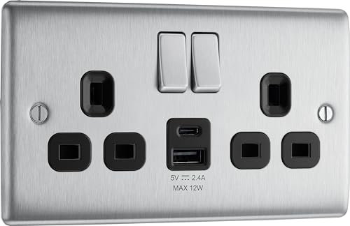 BG Electrical 12W Double Switched Power Wall Plug Socket with Type A and Type C USB Charging Ports, Nexus Metal, Brushed Steel, Black Inserts, 13A, NBS22UAC12B