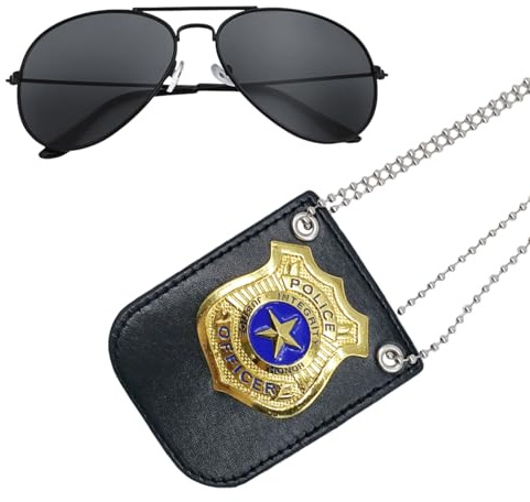 FUIPVGI 2 Piezas Accesorios Disfraz Policia, Disfraz de Policía, Placa de policía, Gafas de Sol Policía Juguete Kit para Niños Halloween Fiesta Carnaval Juego de Roles Accesorios(Oro)