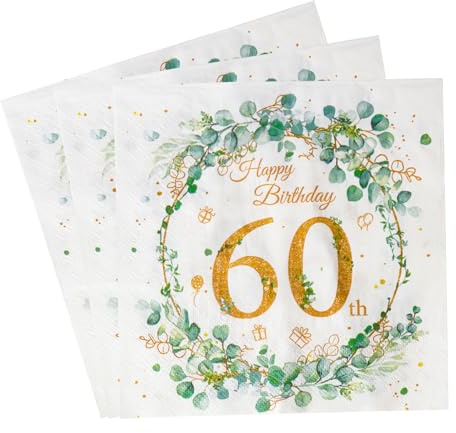 Yiran 20 Servietten Herzen um Eukalyptus weiß goldene, 60 Geburtstag Mann Frau Tischdeko Eukalyptus Papierservietten Anniversary Deko,33x33cm Happy Birthday Servietten, Tischdekoration