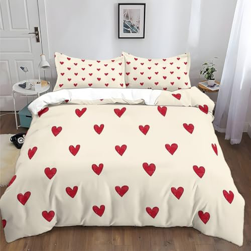 Generico Set Copripiumino 260x240 cm Cartone Animato Cuore Rosso Color Crema Copripiumone Microfibra Morbido e Resistente Alle Rughe, Copripiumino con Cerniera Stampa 3D, Inclusa 2 Federa 50x80 cm