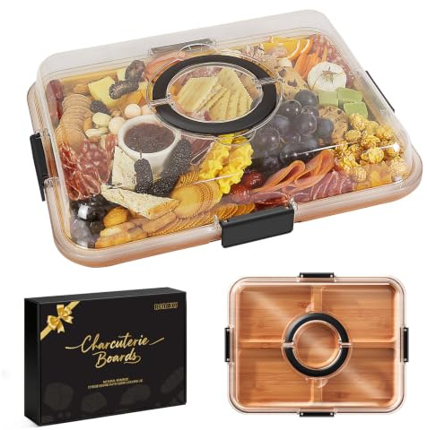Renmxj Portable Charcuterie Boards with Lid, Cheese, Veggie & Snack Tray | Clear Lid Keeps Food Fresh, Travel Portable Board for Kitchen, Picnic and Party, House Warming Gifts New Home