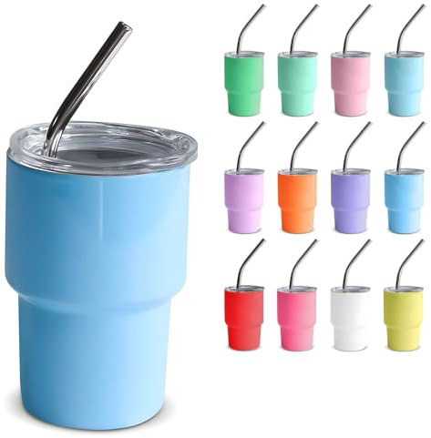 GHKLNY Paquete de 12 mini vasos de chupito con tapas y popotes, divertidos vasos de chupito de acero inoxidable de colores para fiesta, barra de whisky (5 onzas)