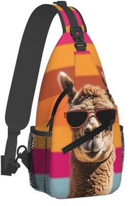DJUETRUI Sac à bandoulière pour homme et femme - Sac à dos à bandoulière - Camel portant des lunettes de soleil - Sac banane pour voyage, randonnée, noir, taille unique, Noir/blanc, taille unique