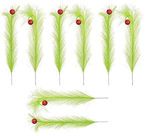 Makamsui Weihnachtsdekoration, grünes Pampasgras-Dekor mit roter Weihnachtskugel, pelzige, gelockte Stiele, Weihnachtsbaum-Pick-Elfen-Ornamente, Stiele für Weihnachtsbaumspitze, Heimbüro, Kranz,