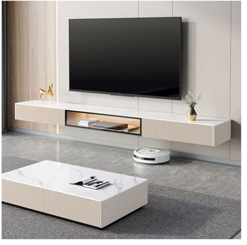 TV Schrank Hängend Schwebender TV-Ständer, wandmontierter TV-Schrank mit 2 Schubladen und 1 Regal, Tischplatte aus Schiefer, schwebendes Entertainment-Center, intelligente Fernsehkonsole mit Sensor-LE