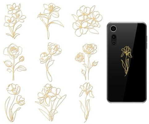 OLYCRAFT 9 calcomanías de metal dorado de 4 x 4 cm, diseño de flores abstractas, calcomanías de metal, calcomanías autoadhesivas de rosas y lirios epoxi, calcomanías de metal para manualidades,