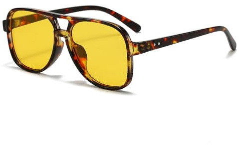 Long Keeper Occhiali da Sole Pilot Occhiali da Sole Anni 70 Vintage Oversize Occhiali Pilota Doppio Ponte Retrò da Guida Protezione UV400 per Donna Uomo (Leopardati Montatura - Gialle Lente)