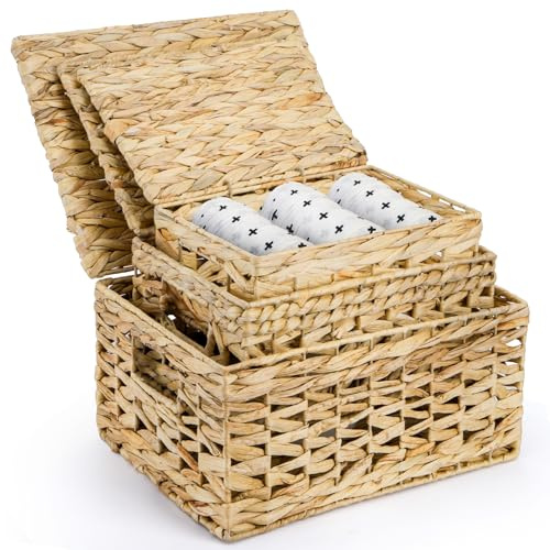 Eorbow Confezione da 3 cestini portaoggetti in vimini con coperchio, 35,6 cm in rattan naturale per scaffale, scatola decorativa grande in giacinto d'acqua con manici integrati, cestini rettangolari