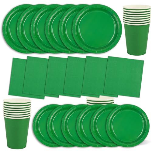 64Pcs Green Disposable Tableware Set - 16 Paper Napkins 16 Cups 16pcs 7inch Paper Plates 16pcs 9inch Paper Plates,Solid Green Dinnerware for Birthdays, Weddings, Kids Adult Table Decorations