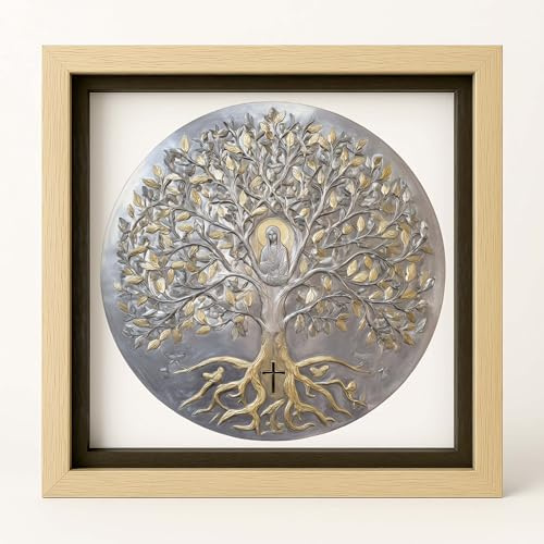 ConKrea - Stampa Religiosa Albero Della Vita con Cornice Artigianale 50x50 cm | Icona Religiosa da Parete Incorniciata | Quadro Sacro per Casa o Regalo