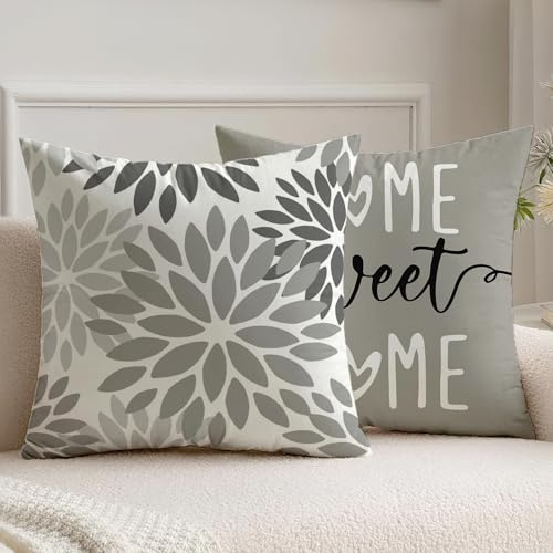 Vorysum Kissenbezug 50x50 cm 2er Set Grau Modern Outdoor Kissen Dahlien Kissenbezüge Blumen Dekorative Sofakissen Samt Optik für Garten Sofa Wohnzimmer Bett Doppelseitiges Muster
