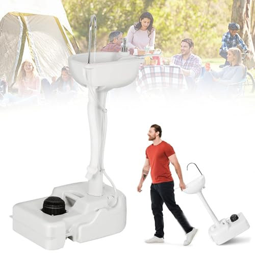 Tragbares Camping-Handwaschbecken mit Handtuchhalter und Seifenspender, rollende Räder, Entwässerungsausrüstung für den Außenbereich, für Veranstaltungen im Freien, Reisen und Baustellen, weiß