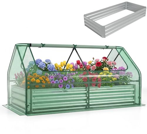 COSTWAY Raised Garden Bed with Greenhouse, Outdoor Elevated Planter Box with PVC/PE Cover & Dual 2-Tier Roll-Up Windows, Steel Mini Growhouse for Patio (PE Cover, Silver+Green, 183 x 91 x 94cm)