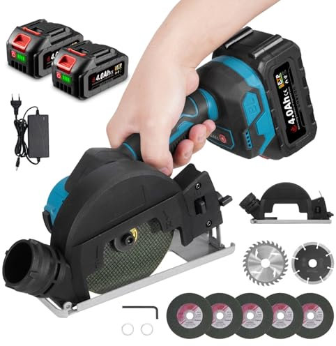 ONEVAN Smerigliatrice angolare elettrica da 4 pollici con motore brushless e due batterie da 4 mAh, potenza 900 W, velocità 12.000 giri/min, viene fornita con 7 lame