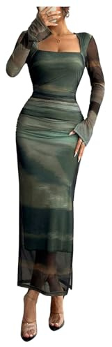 GORGLITTER Women's Tie Dye Square Neck Mesh Bodycon Maxi Dresses Long Sleeve Ruched Slit Pencil Wedding Guest Dress Dark Green Medium