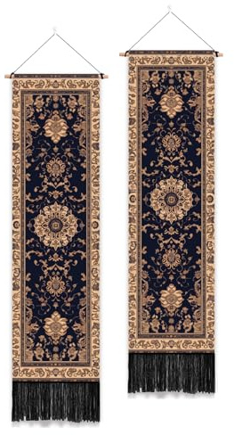 PLIGREAT 2 Packung Retro Wandbehänge Boho Blumenteppich Mit Quasten Vertikaler Ästhetischer Wandteppich Für Schlafzimmer Wohnzimmer Heimdekoration Lange Schmale Kunstteppiche