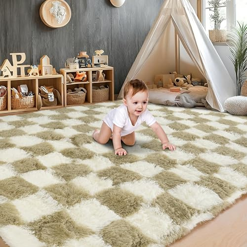 Cekene Grand tapis à poils longs ultra doux et lavable pour chambre à coucher, salon, salle de jeux, dortoir - Beige - 200 x 300 cm