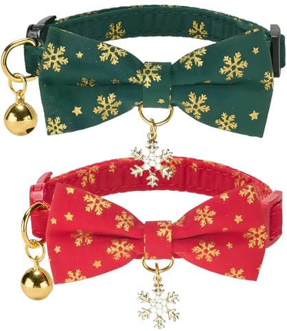 YUDOTE Weihnachtliches Katzenhalsband mit passender Fliege, Anhänger und Glöckchen, festliches Weihnachtsgeschenk für Katzen, Grün, Rot, 2 Stück