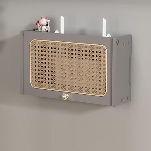 Estante de router de madera y ratán para pared, caja de almacenamiento router WiFi, armario para oficina y hogar, ocultador WiFi fácil de instalar, decoración para casa y oficina(Gray,L40cm/15.7in)