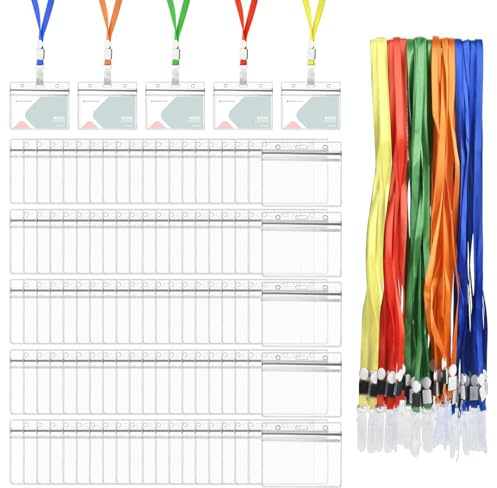 100Sets Ausweishülle mit Band Horizontal - Namensschilder mit Schlüsselband Ausweishülle Kartenhalter, Transparent Kartenschutzhülle Personalisiert Ausweishüllen für Studenten Mitabeiter