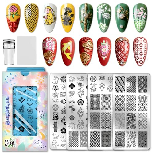 PH PandaHall 4pcs Asian Culture Nail Stamping Plates Chinese Style Nail Art Templates Panda Crane Lantern Nails Art Stencils Vintage Flowers Nails Design Stamp for New Year Manicures Salon DIY Print