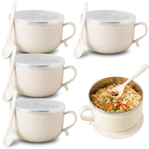 Muzrunq 4 st ramenskål med lock, bärbar snabbnudelskål med handtag och sked soppmuggar för soppa, nudlar, dumplings, sallader ramen med lock, nudel