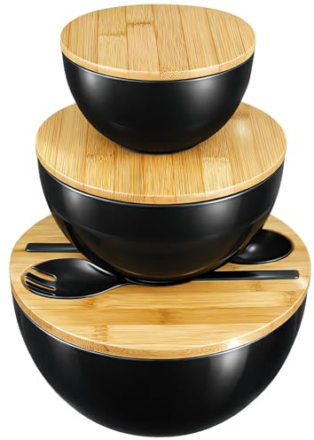 Kaxtde 3 Pack Plastic Salad Bowls with Wooden Lids, Black Mixing Bowls Set with Spoon and Fork, Large Food Serving Bowl for Fruits Salad Vegetables Pasta (4400ml, 2200ml, 900 ml)