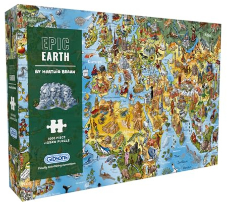 Gibsons Epic Earth 1000 Piece Jigsaw Puzzle for Adults – Illustrated World Map by Hartwig Braun – Challenging Educational Geography Puzzle – Premium Sustainable Gift for Map Lovers