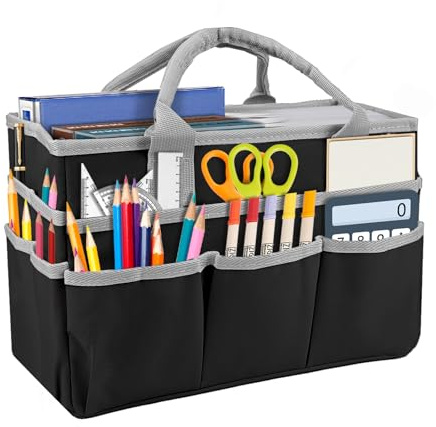 Desktop Art Craft Storage Bag, Foldable File Folder Tote Storage Organizer | Oxford Fabric Art Supply Storage Bag with Pockets & Handle, Carrying Case for Drawing Book Notebook Paint Black Gray