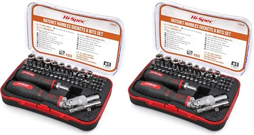 Hi-Spec 61pc 1/4” Hex Driver Bits & Socket Set with Right Angle Ratchet Handle. Easy Repairs with Torx & Small Precision Multi Bits. Screwdriver Bit Set in a Storage Case (Pack of 2)