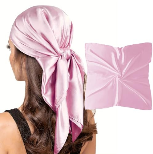 vimate Pink Silk Scarf, Ladies 35'' Square Satin Soild Silk Hairband Scarf for Head Wrap Sleeping at Night (Style 39-Pink)