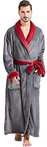 FashGudim Batas de Hombre Grandes y Altas de Felpa Larga y Espaciosa para Hombres Bata de Baño con Cuello Chal Abrigada para el Invierno (Gris/Rojo, 7XL)