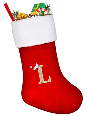 VReder Große Weihnachtsstrümpfe, bestickte Weihnachtsstrümpfe mit Buchstaben, roter Kamin, hängende Weihnachtsmannsocken für Weihnachtsdekoration, Weihnachtsgeschenk (L)