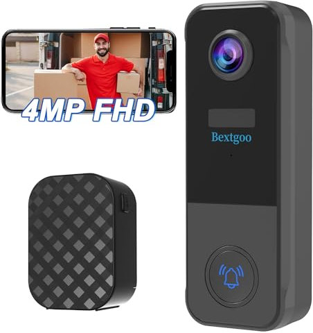 4MP Videocitofono WiFi Campanello senza Fili da Esterno, Bextgoo Citofono Telecamera con Suoneria, Batteria 10000mAh, AI Rilevamento Umano Allarme, Audio Bidirezionale, Supporto Alexa, SD/Cloud, IP67
