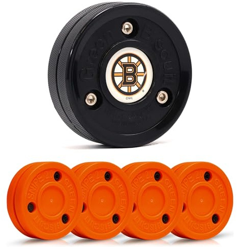 Green Biscuit Hockey Puck- 4 Pack Orange 2.0 Snipe Shooters Off Ice Hockey Pucks with 1 NHL Puck and GB Stickers- Offcial Street Hockey Pucks for Classic Training (Boston Bruins)