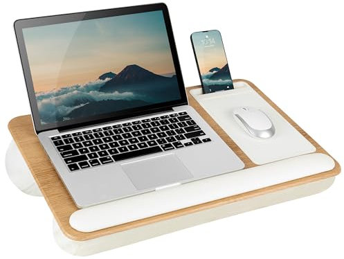 LAPGEAR Home Office Pro Schoßschreibtisch mit Handballenauflage, Mauspad und Handyhalterung, weiße Eiche, Holzmaserung, passend für Laptops bis zu 39,6 cm (15,6 Zoll), Stil Nr. 91609