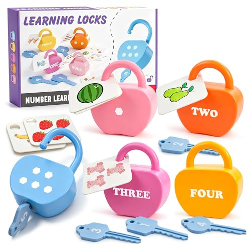 GEERAY Cause and Effect Toys for Toddlers 3+, Montessori Lock & Key Set with 5 Apple-Shaped Locks, Keys & 10 Cards – Learn Numbers, Colors & Motor Skills STEM Toy Gift for Home & Classroom