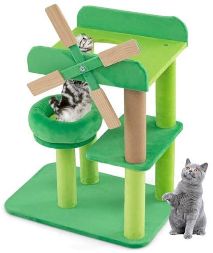 COSTWAY Arbre a Chat Design 60 cm, Petit Arbre à Chat, Poteaux à Griffer en Sisal, 3 Plateformes, Arbre a Chat Bois, Design Moulin à Vent, Peluche Douce, 50 x 34 x 60 cm, Vert