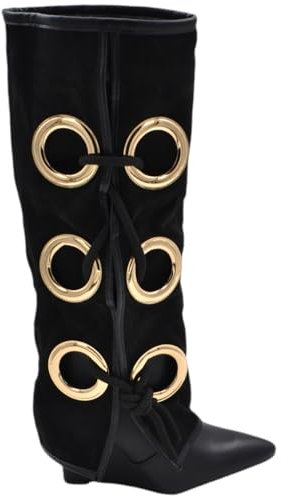 Stivali Donna Alti in camoscio Nero Applicazioni Oro Modello Shark Risvolto Fino a Terra Tacco Zeppa 10 cm con Zip (40 EU)