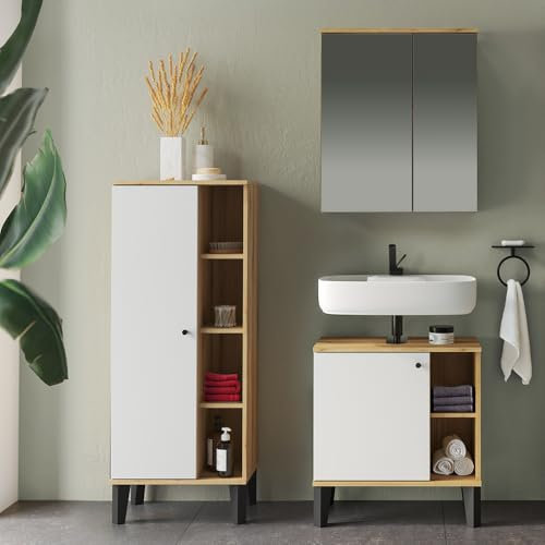Lomadox Badmöbel-Set 3-teilig mit Waschbeckenunterschrank 60 cm, Spiegelschrank, Midischrank, in Eiche und weiß, modern