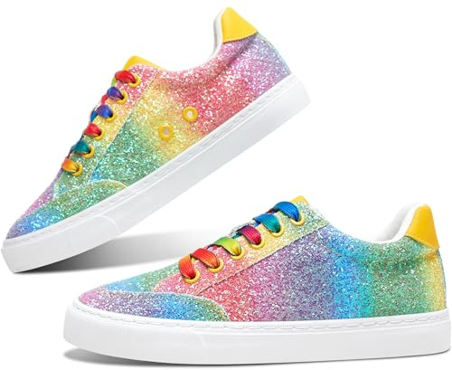 Jeekopeg Glitter Sparkly Fashion Sneakers Shoes Shiny Casual Shoes Bling Sequin Concert Low Cut Lace up Shoes, Rainbow Glitter, 14 Women/12 Men